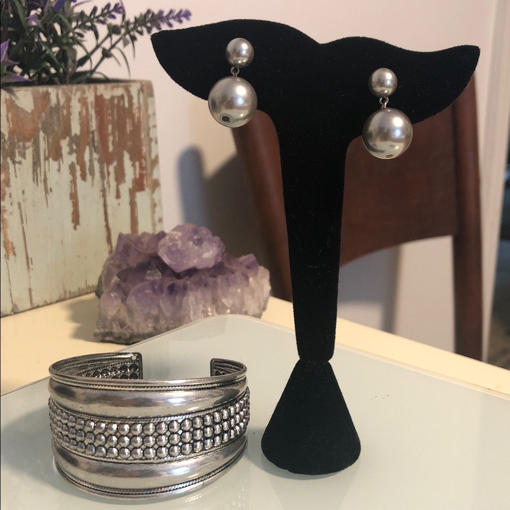 Silver-Tone Double Drop Pearl Earrings and Cuff Bracelet Set
